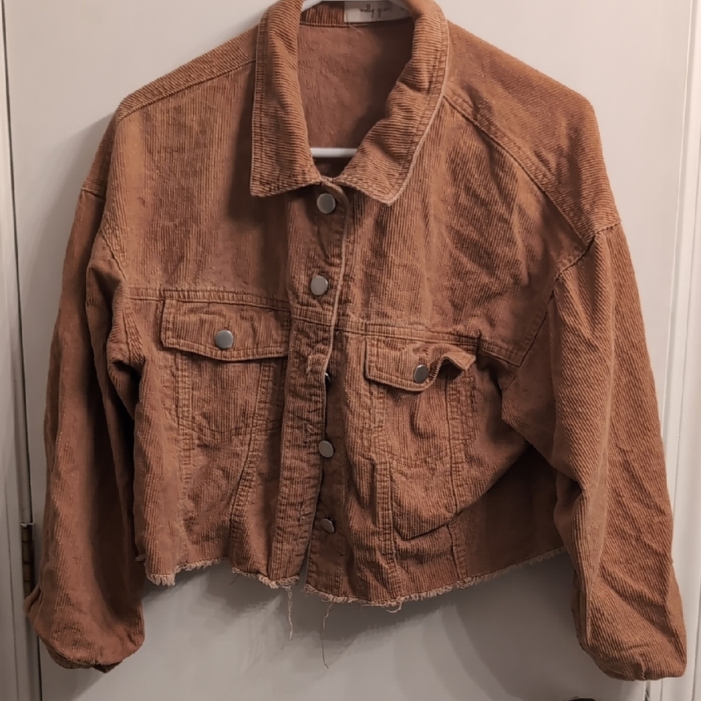 Molly Green Cropped Corduroy Jacket Size Medium Smiley Face Frayed